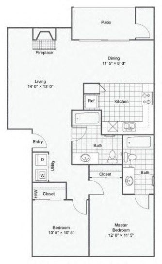 Floor plan for 2 beds, 2 baths, 1088 sqft